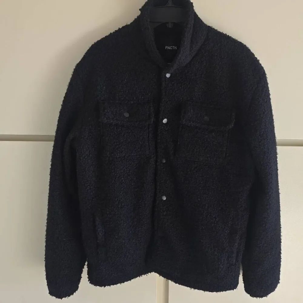 FNCTN Mens Black Faux Sherpa Barn Jacket, EUC, Sz. L